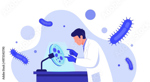 Scientist examining bacteria in petri dish, microbiology research, laboratory analysis, science concept