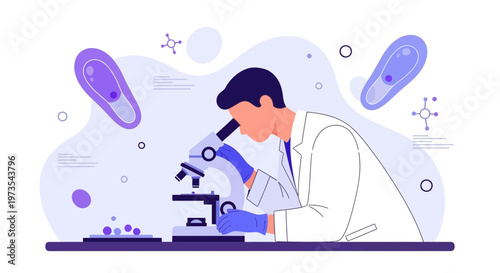 Scientist examining microorganisms under a microscope, scientific research, laboratory, biology, medicine