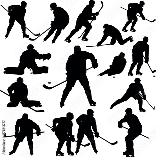 Set of ice hockey player silhouettes showing dynamic skating, shooting, defending and goalie actions isolated on white background sports illustration