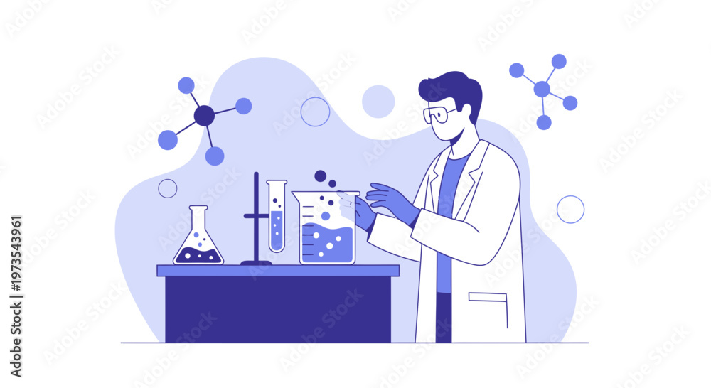 Fototapeta premium Scientist in Lab Coat Conducting Experiment with Beakers and Molecules