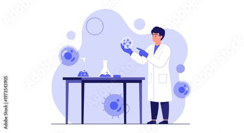 Scientist examining petri dish with cells, conducting research in laboratory, science concept