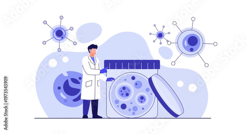 Scientist examining petri dishes with cells and viruses, laboratory research concept