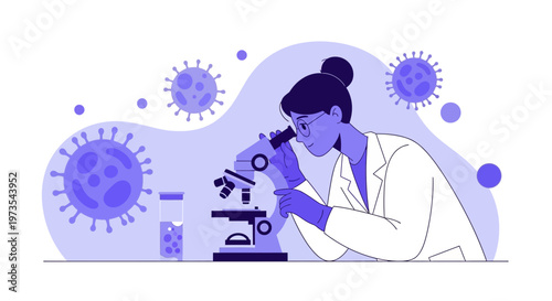 Scientist examining virus under microscope, research and development, laboratory, pandemic concept