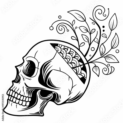 Skull with plant growing out of it leaves flowers nature
