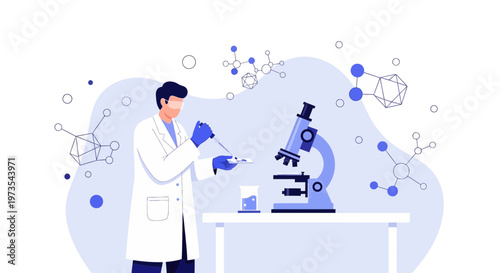 Scientist in lab coat conducting experiment with microscope and molecules, science research concept