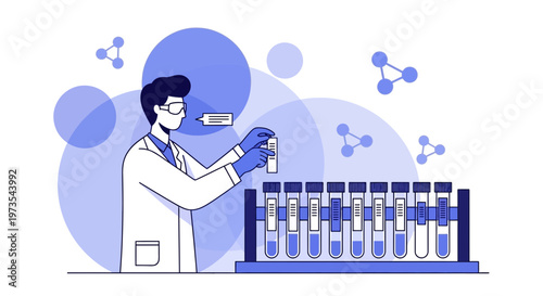 Scientist in Lab Coat Conducting Experiment with Test Tubes and Molecules