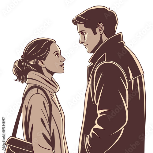 Man and woman looking at each other facing side by side