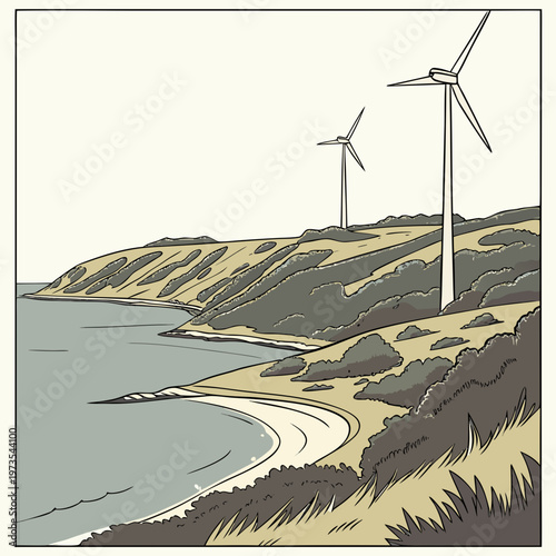 Detailed of wind turbines on a hillside detailed wind turbines