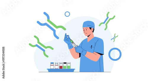 Scientist preparing vaccine injection with DNA helix and vials, medical research concept