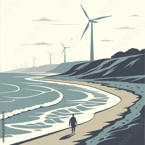 Person walking on beach with wind farm ocean