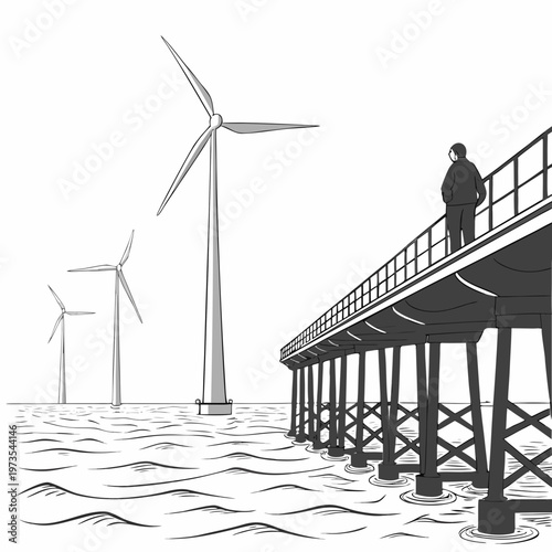 Man standing on pier with offshore wind turbines ocean