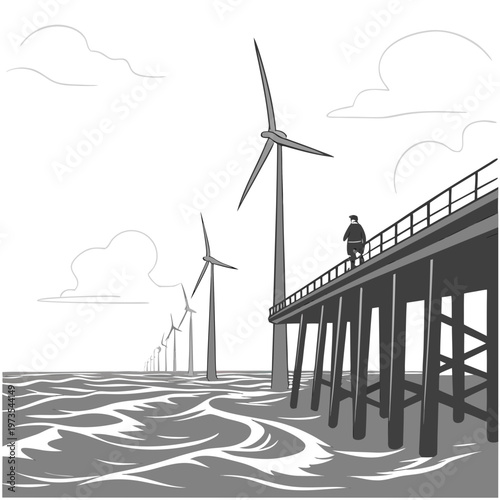 Person standing on pier with wind turbines ocean