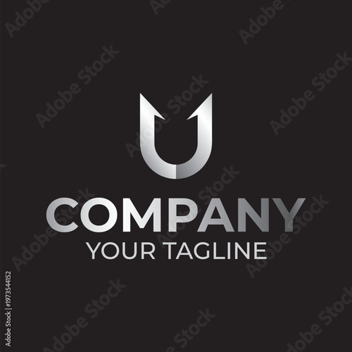 Silver Letter U Logo Design with Hook or Arrow Elements