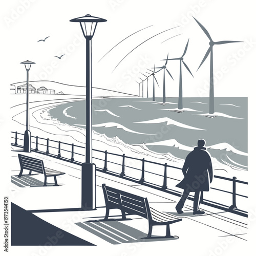 Person standing on a promenade looking at wind turbines