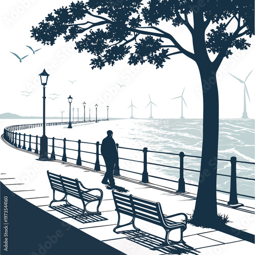 Person walking along a waterfront promenade with wind turbines