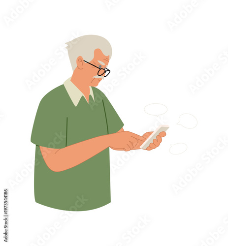 The old man is using his mobile phone.