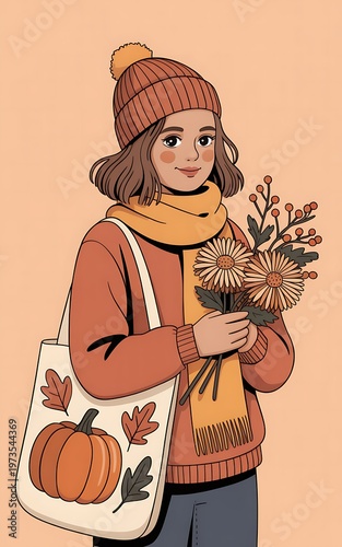 A woman in a hat holding flowers and a bag