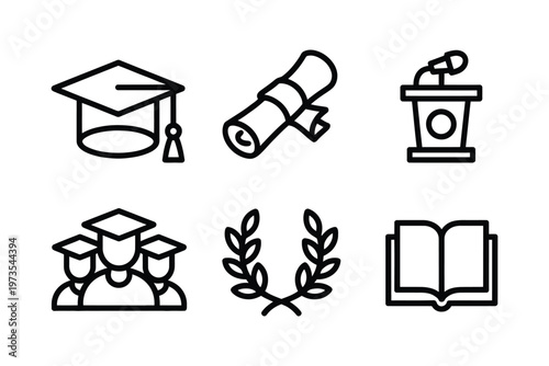 Black graduation vector icons featuring cap diploma podium laurel wreath open book and students perfect for education apps event dashboards and websites.