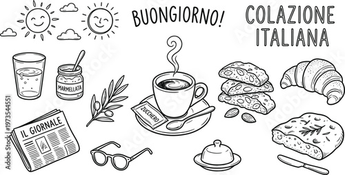 Italian breakfast sketch coffee pastries and morning essentials in a hand drawn style
