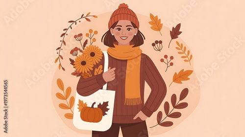 A woman in a brown jacket and orange scarf holding a white bag with a leaf design