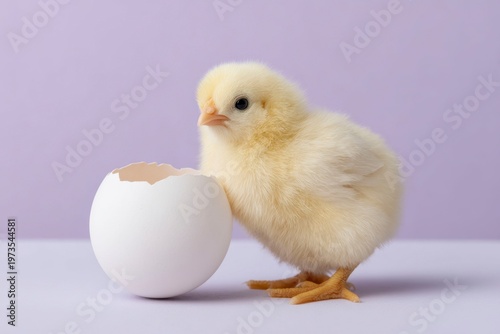 a cute yellow chick hatching from an egg, on a white background.