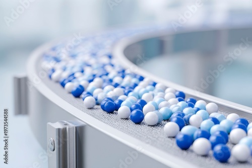 a pill production line in action, with blue and white round pills flowing along the conveyor belt.