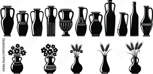 Black silhouette illustrations of classical vases and amphorae with decorative flower arrangements, diverse pottery shapes for art and design reference