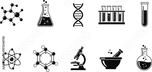 Collection of black and white scientific icons including molecular structures, laboratory equipment, DNA helix, microscope, and chemistry research tools illustration