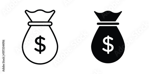 Money bag icon symbol. Icon in flat style and line. Black and white