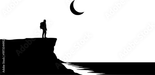 Lone Backpacker Standing on Cliff under Crescent Moon - Adventure Concept