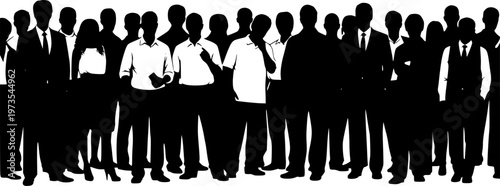 Large crowd of people silhouette collection, diverse men and women standing together isolated on white background vector illustration