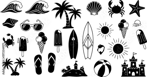 Hand-drawn beach-themed vector set with summer doodles like waves, palm trees, shells, crabs, sunglasses, and surfboards. Perfect for vacation designs, t-shirt prints, and tropical projects.