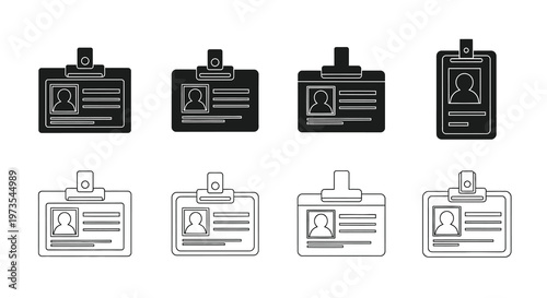 A collection of identification badges in black and white line art