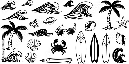 Hand-drawn beach-themed vector set with summer doodles like waves, palm trees, shells, crabs, sunglasses, and surfboards. Perfect for vacation designs, t-shirt prints, and tropical projects.