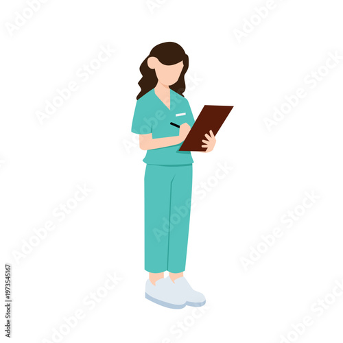 Medical professional in scrubs writing on a clipboard, healthcare worker illustration