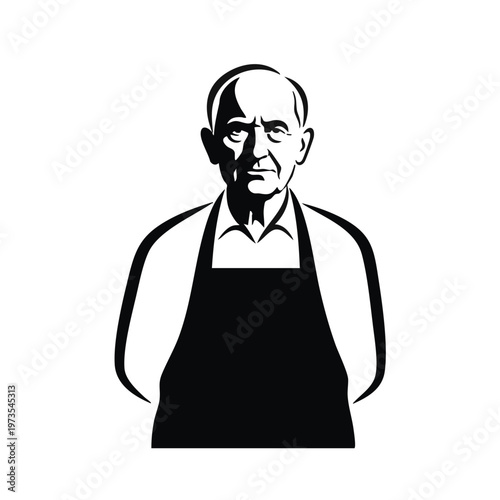 Senior man in apron vector illustration. Professional craftsman or butcher portrait. Isolated on transparent background