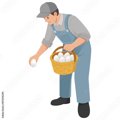 Flat vector illustration of a farmer holding a basket full of eggs while picking up fresh eggs. Isolated on light background.