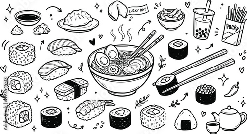 Hand drawn japanese cuisine collection sushi ramen and traditional dishes in a sketchy black and white style