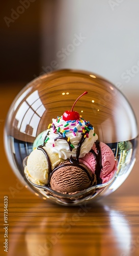 Delicious ice cream sundae with cherry inside a glass sphere.