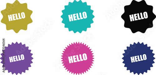 Hello greeting badge stickers in various starburst shapes with vibrant colors for retail promotion and social media engagement.
