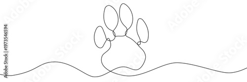 Continuous one line dog drawing art paw illustration pet heart lineart. Dog drawing one line outline print icon veterinary puppy walk footprint running head logo bulldog silhouette background vector.