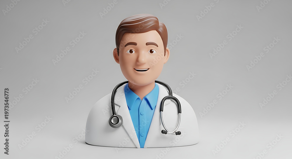 Fototapeta premium Friendly male doctor avatar with stethoscope wearing white coat and blue shirt representing professional healthcare medical assistance hospital staff.