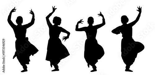 Collection of elegant silhouettes depicting women engaged in traditional Indian classical dance, embodying grace, cultural heritage, and expressive movement artistry