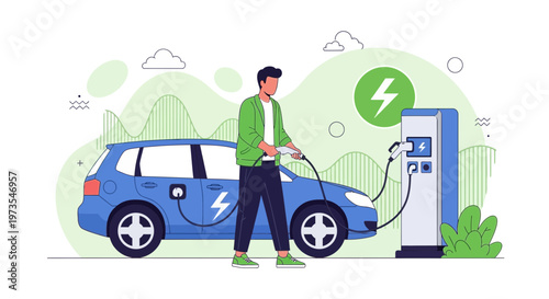 Man charging electric car at charging station, sustainable transport concept