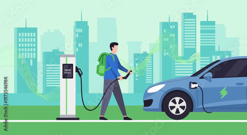 Man charging electric car at city station, sustainable transport concept