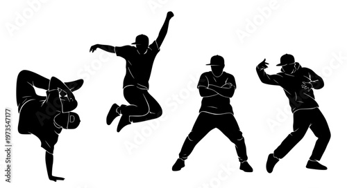 Dynamic silhouettes of dancers in various hip-hop and breakdancing poses, capturing the energy of urban movement and performance art
