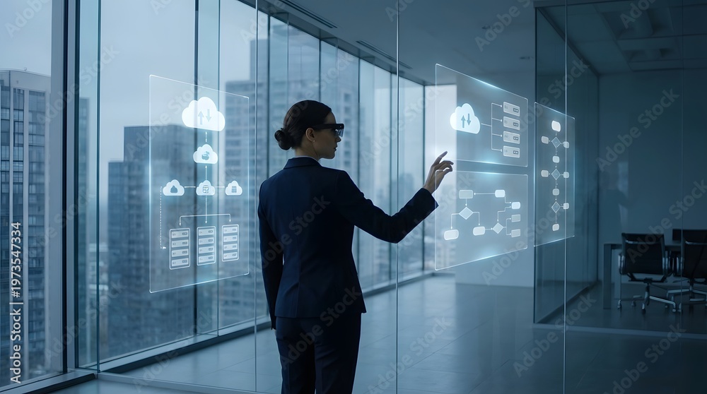 Fototapeta premium A professional woman interacts with a futuristic holographic interface displaying cloud and network data in a modern office
