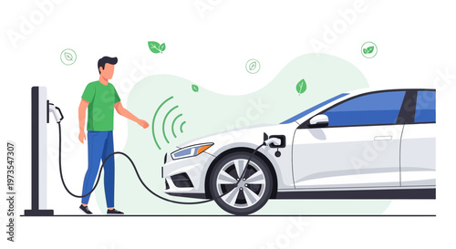 Man charging electric car, eco-friendly transport, sustainable energy concept
