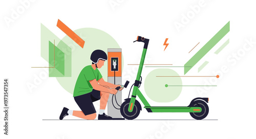 Man charging electric scooter at charging station, urban mobility, sustainable transport concept
