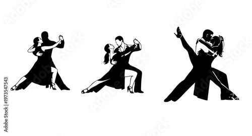 Silhouettes of couples performing various dynamic dance moves in a stylized artistic illustration